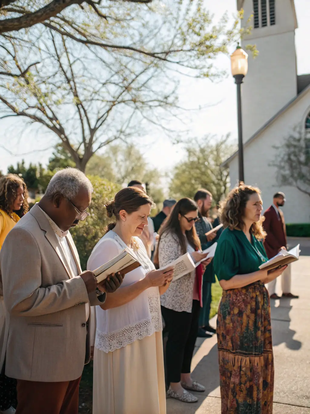 A group of choir members socializing and laughing together after a rehearsal, emphasizing the strong sense of community and friendship within the choir.