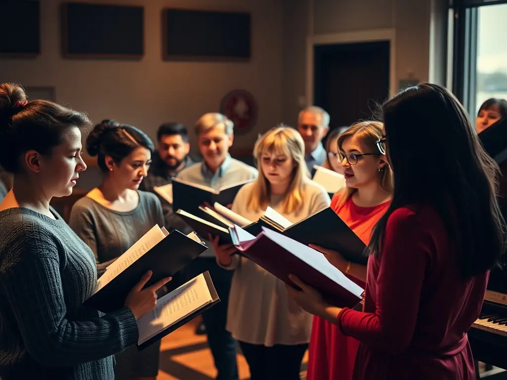 A vibrant image of choir members rehearsing together in a bright, spacious hall, capturing the energy and camaraderie of the group.