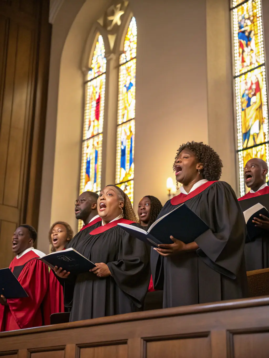 A diverse group of choir members of different ages and backgrounds, singing together in harmony, symbolizing inclusivity and shared passion for music.